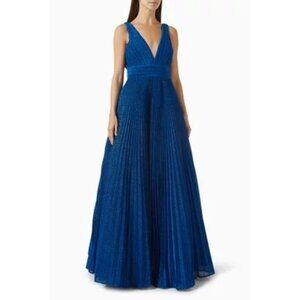 Ieena For Mac Duggal Royal Blue Pleated Georgette Gown Plunging V-Neck Size 6